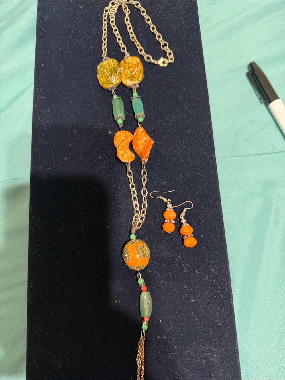 Handcrafted Orange & Green Beaded Necklace and Earring Set